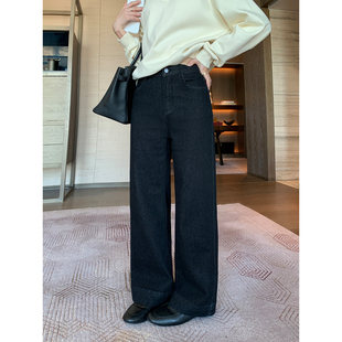 Lin 女黑色休闲宽松直筒长裤 率性都市 斜纹高腰牛仔裤 经典 Maven