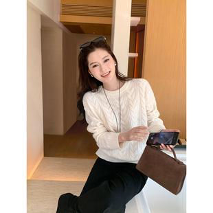 圆领套头麻花毛衣女优雅气质针织衫 1OO羊毛系列 上衣 Lin Maven