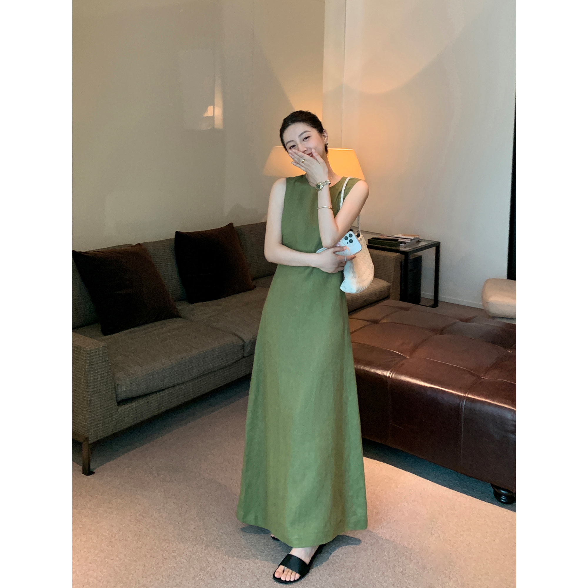 Maven Lin 强推!极简100%亚麻连衣裙女松弛感度假宽松无袖长裙