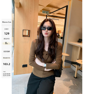 气质内搭长袖 Maven 女修身 交叉扭结V领针织打底衫 T恤 Lin悠然别致