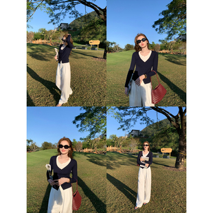 上衣女设计感修身 Maven 撞色假两件V领针织开衫 智性姐感 毛衣 Lin