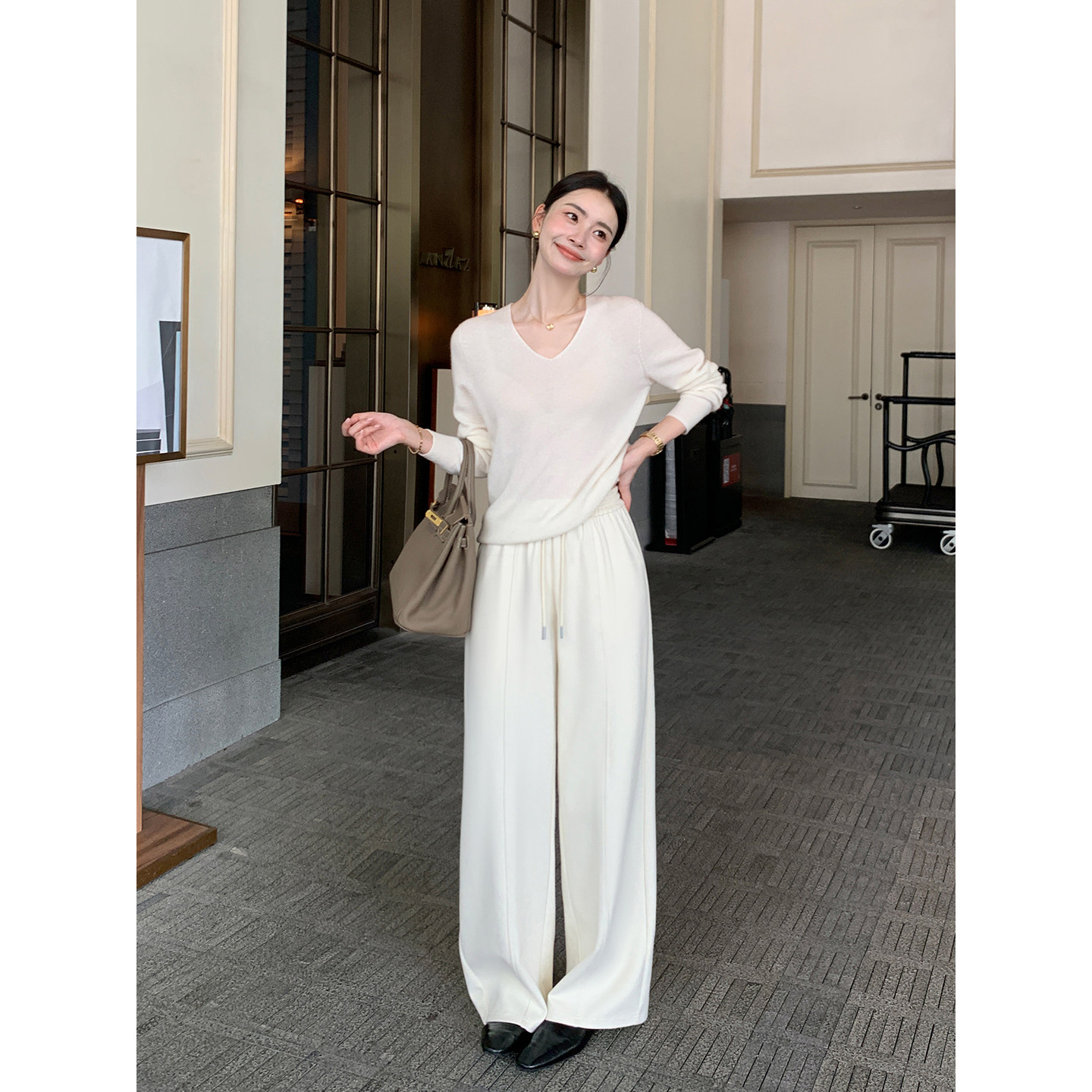 Maven Lin 知性慵懒 高级人字纹阔腿休闲裤女宽松垂感抽绳直筒裤