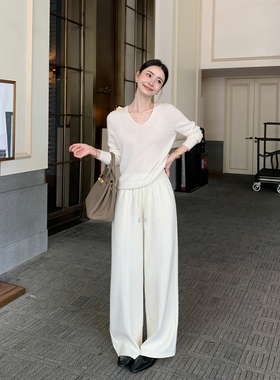 Maven Lin 知性慵懒 高级人字纹阔腿休闲裤女宽松垂感抽绳直筒裤