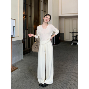 女宽松垂感抽绳直筒裤 Maven 高级人字纹阔腿休闲裤 知性慵懒 Lin