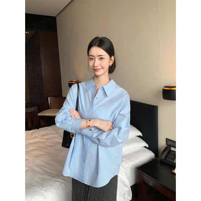 Maven Lin 高智淡人|蓝色全棉长袖衬衫女极简高级感宽松廓形衬衣