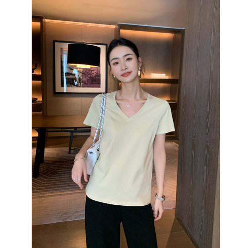 短袖V领t恤女宽松正肩上衣