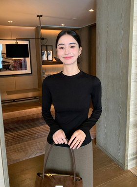 Maven Lin 黑色针织衫长袖T恤女圆领套头修身显瘦百搭打底衫上衣