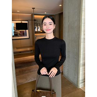 Lin 显瘦百搭打底衫 黑色针织衫 T恤女圆领套头修身 上衣 长袖 Maven