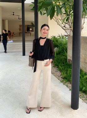 Maven Lin 魅力显高微喇牛仔裤女夏季高弹直筒修身白色喇叭长裤