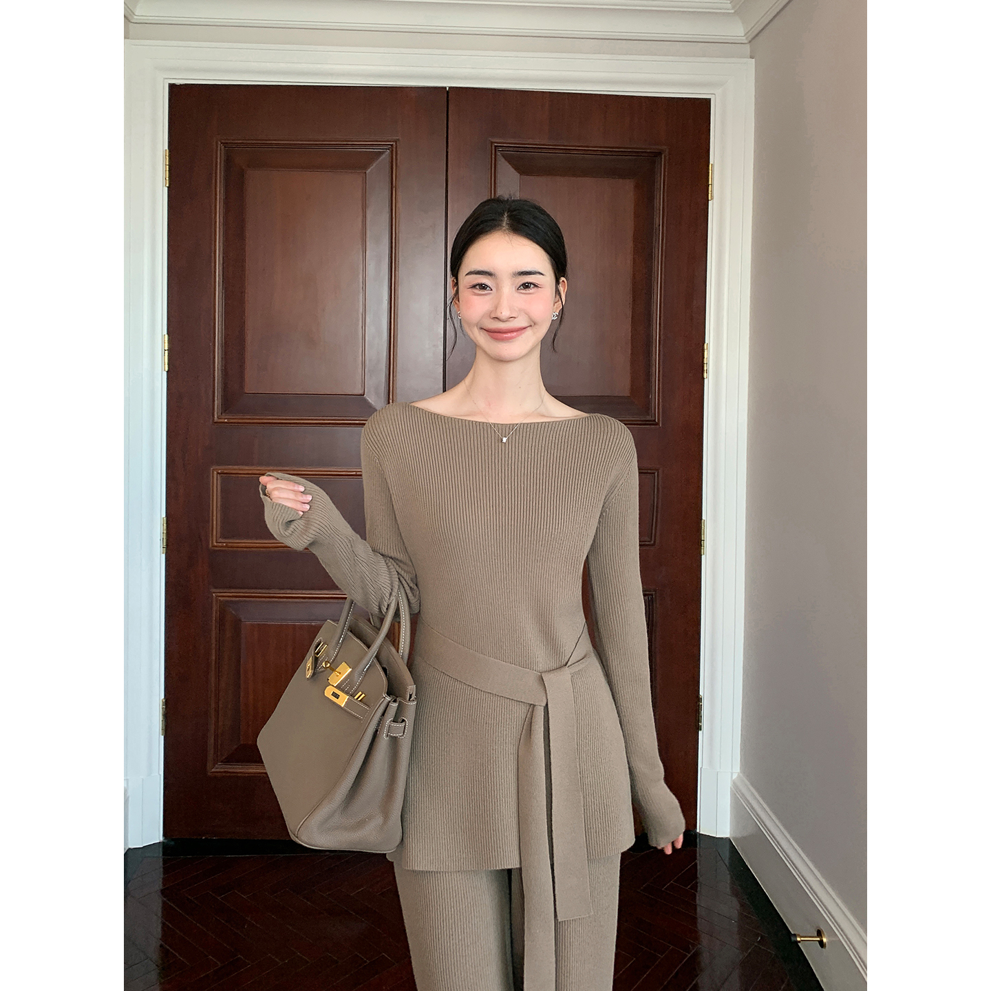 Maven Lin极简妙义 一字领羊毛收腰毛衣女宽松阔腿休闲裤通勤套装