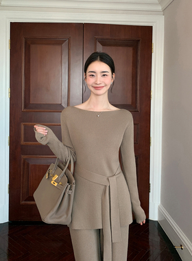 Maven Lin极简妙义 一字领羊毛收腰毛衣女宽松阔腿休闲裤通勤套装