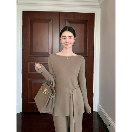 Maven Lin极简妙义 一字领羊毛收腰毛衣女宽松阔腿休闲裤通勤套装