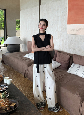 Maven Lin 老钱风高级感度假风重工刺绣亚麻休闲裤女宽松直筒裤子