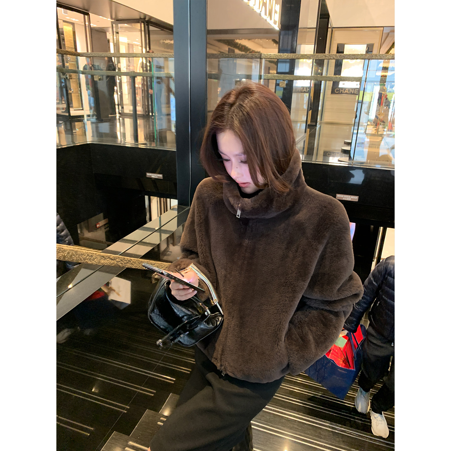 Maven Lin中古千金 羊毛革立领双拉链皮草女臻奢廓形短款毛毛外套