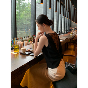 上衣女短款 高端奢美重工后背拼接蕾丝露背无袖 背心吊带 Lin Maven