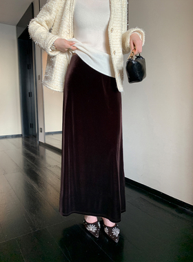 Maven Lin 【现货7折】黑色高腰丝绒半身裙女直筒显瘦包臀半裙