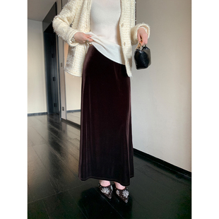 黑色高腰丝绒半身裙女直筒显瘦包臀半裙 现货7折 Maven Lin