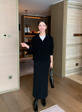Maven Lin 长期主义 黑色高腰直筒半身裙女气质中长款针织包臀裙
