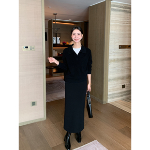 黑色高腰直筒半身裙女气质中长款 长期主义 针织包臀裙 Lin Maven