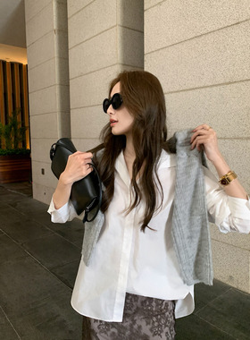 Maven Lin 极简松弛 经典翻领白色衬衫女宽松干练全棉长袖衬衣