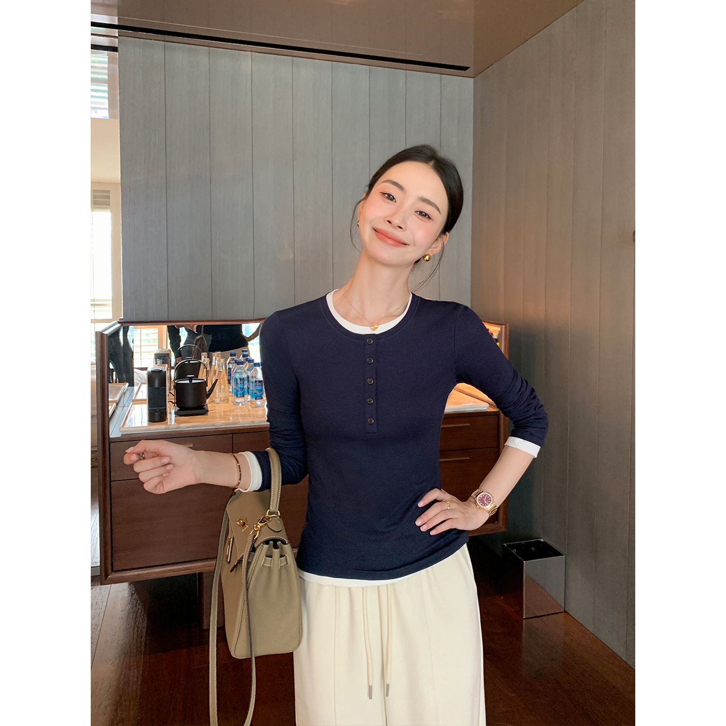 Maven Lin 气质美学 亨利领假两件长袖T恤女修身针织打底衫上衣