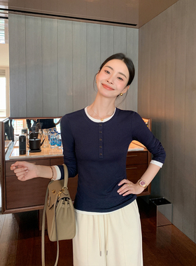 Maven Lin 气质美学 亨利领假两件长袖T恤女修身针织打底衫上衣