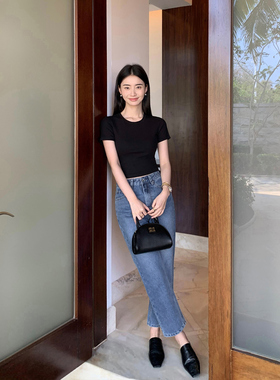 Maven Lin【现货7折】复古蓝色九分直筒牛仔裤百搭高腰显瘦阔腿裤