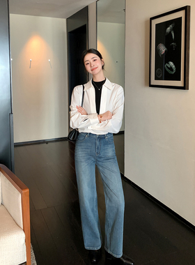 Maven Lin 自带高光 经典蓝色高腰直筒牛仔裤女气质阔腿显瘦长裤