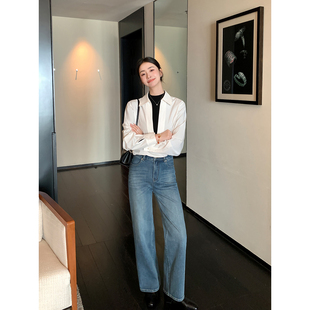 Lin 女气质阔腿显瘦长裤 自带高光 蓝色高腰直筒牛仔裤 经典 Maven