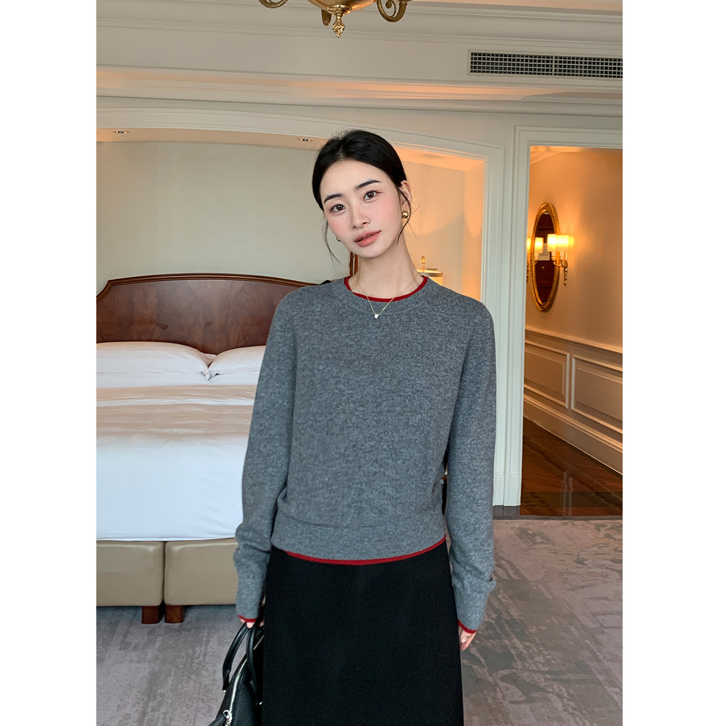 Maven Lin 100%羊毛系列丨贵奢圆领针织衫女撞色高级宽松套头毛衣