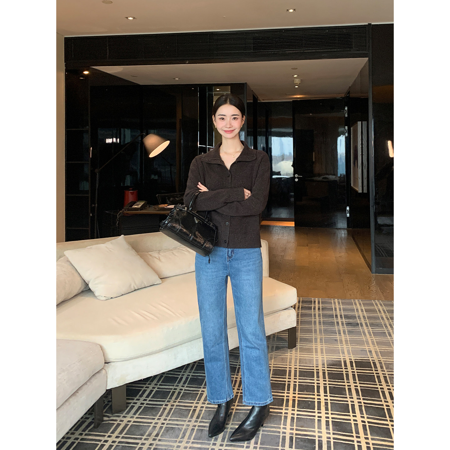 Maven Lin 高知风度 白色高腰直筒牛仔裤女气质通勤修身九分裤子