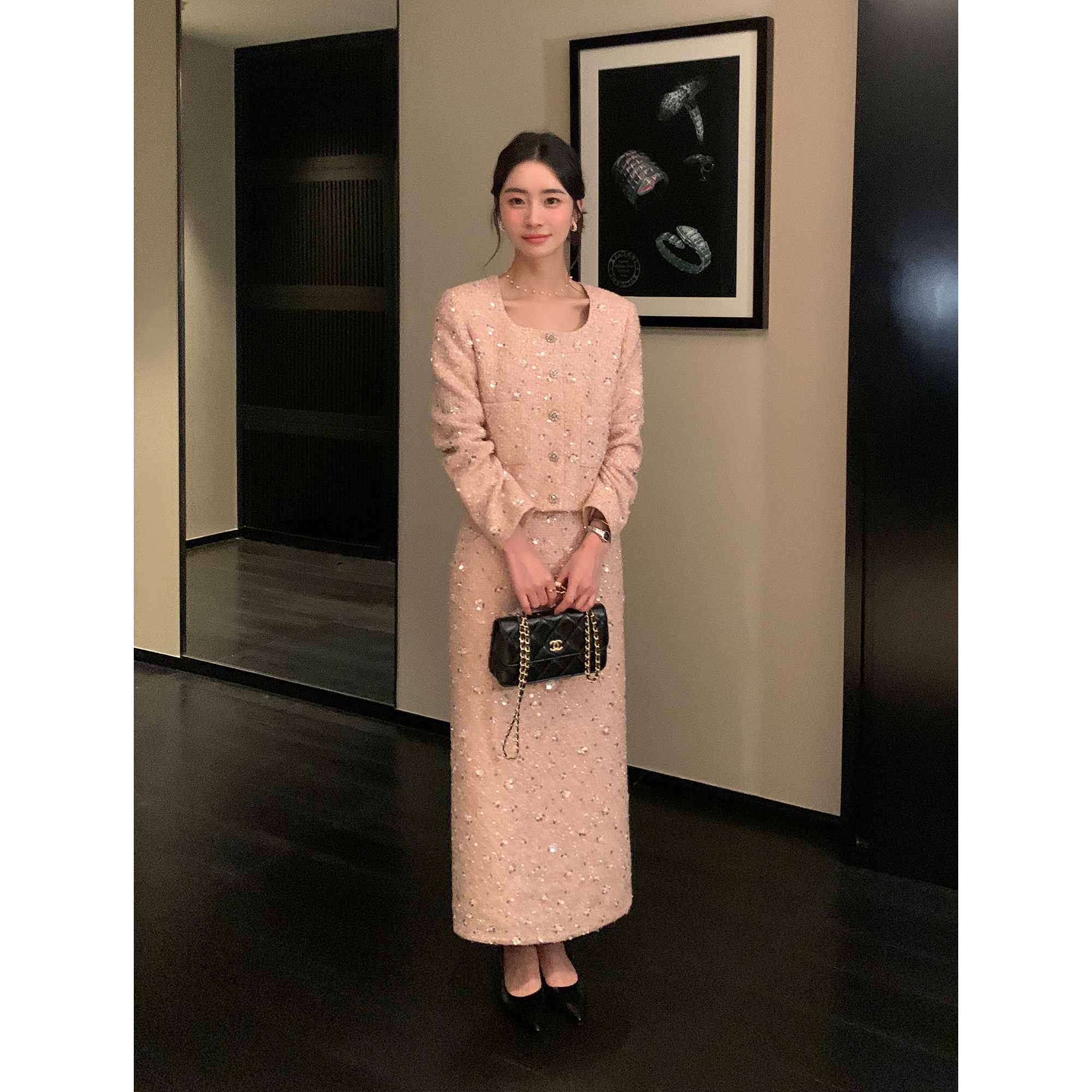 Maven Lin 轻奢混纺粗花呢千金感小香风短款外套女珠片方领上衣