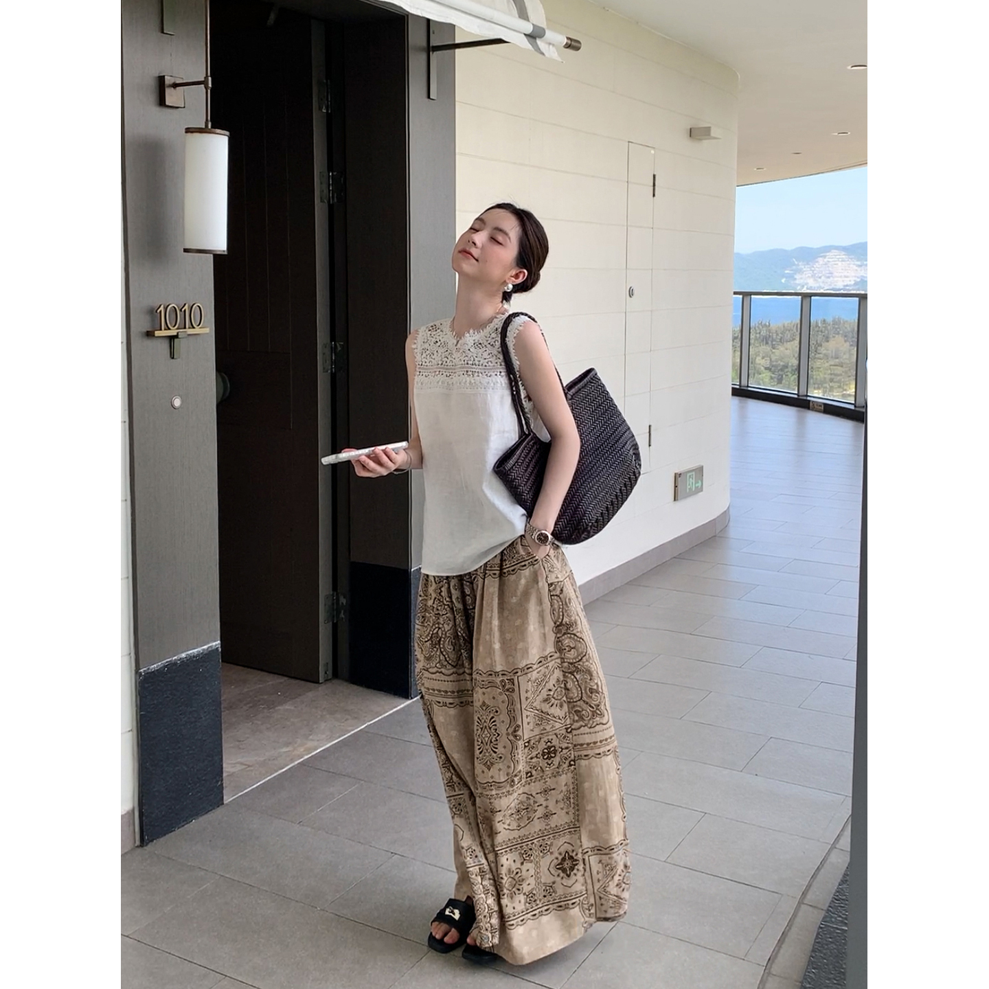 Maven Lin 轻奢新中式国风腰果印花休闲裤女亚麻老钱风宽松阔腿裤