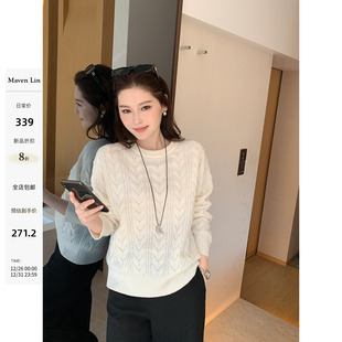 圆领套头麻花毛衣女优雅气质针织衫 100%羊毛系列 上衣 Lin Maven
