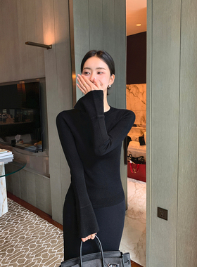 Maven Lin云朵肤感 羊毛圆领喇叭袖针织衫女气质修身长袖打底上衣