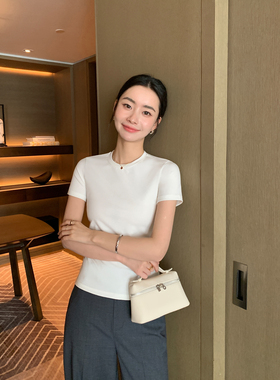 Maven Lin 圆领短袖针织t恤女夏季莱赛尔修身显瘦短款正肩上衣