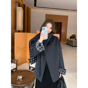 毛呢大衣 格纹围巾领羊毛呢子外套女高级感短款 Maven Lin温润质感