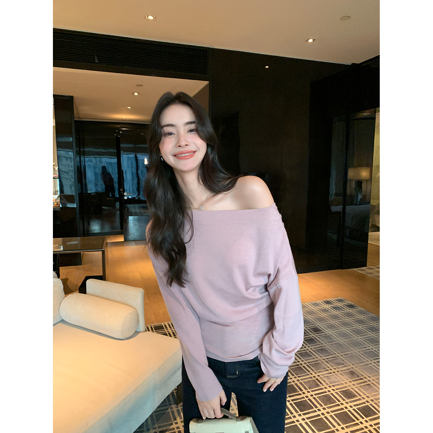 Maven Lin 温柔佳人 一字船领针织衫女气质修身斜肩长袖打底上衣