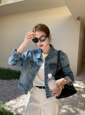 Maven Lin 型走都市 复古洗水粗斜纹牛仔外套女翻领短款夹克上衣