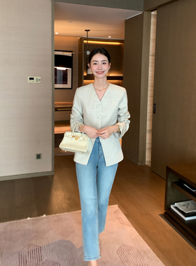 Maven Lin 精致随性 浅蓝色高腰九分牛仔裤女气质通勤修身小脚裤