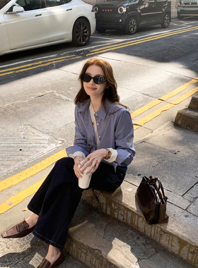 Maven Lin 高智M1U风 深蓝格纹长袖衬衫女白领通勤翻领格子衬衣