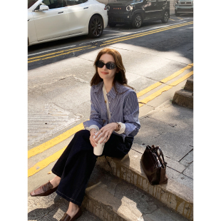 衬衫 Maven 深蓝格纹长袖 高智M1U风 女白领通勤翻领格子衬衣 Lin