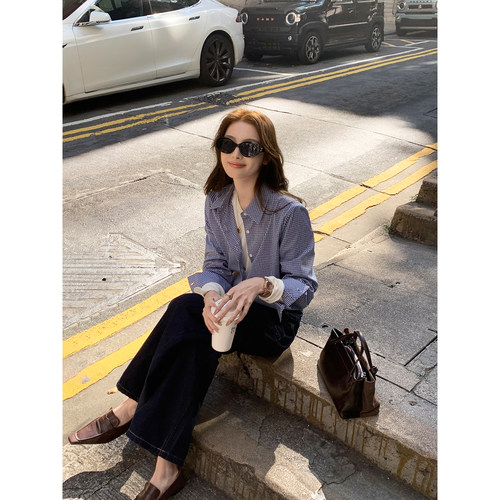Maven Lin 高智M1U风 深蓝格纹长袖衬衫女白领通勤翻领格子衬衣