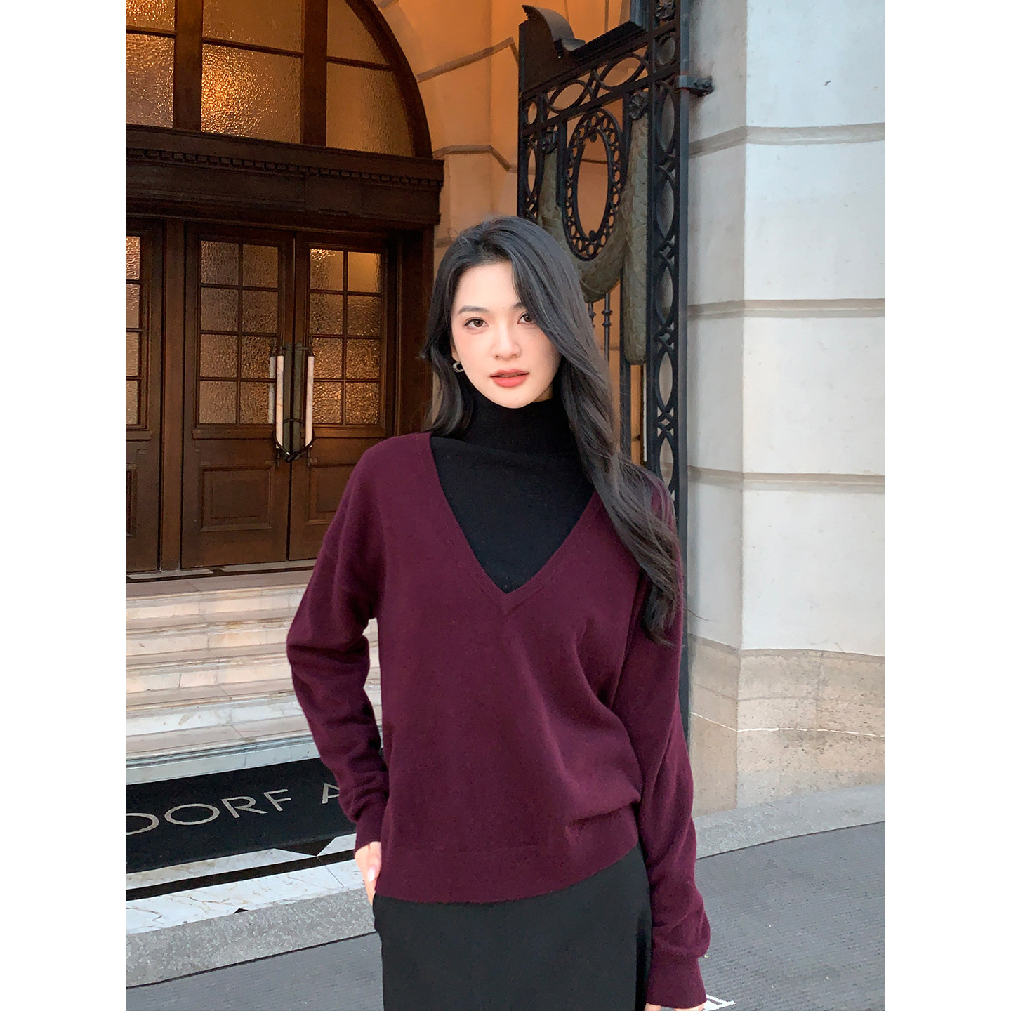 Maven Lin 矜贵静奢 100%羊毛V领毛衣女气质通勤高领针织打底衫