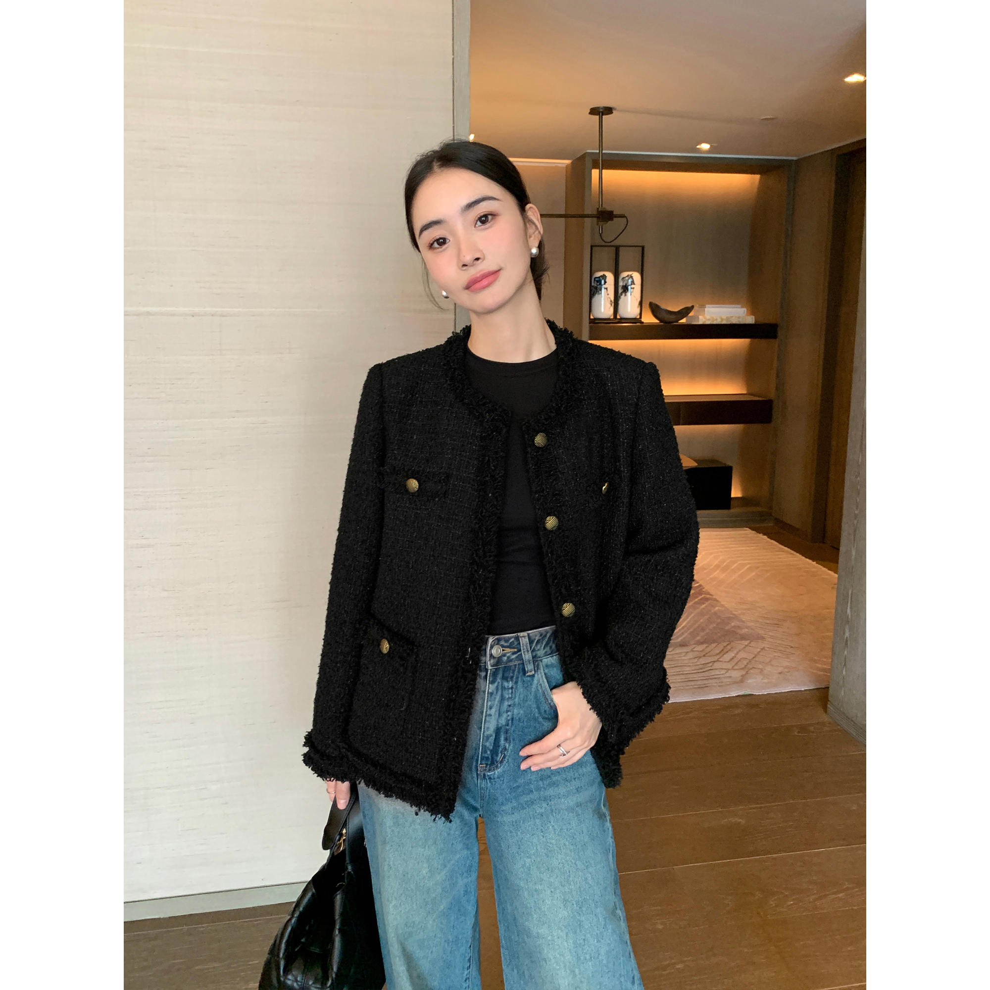 高级感粗花呢毛边小香风短外套