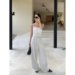 女舒适直筒阔腿裤 Maven 知识分子色条纹休闲裤 镇店亚麻系列 Lin