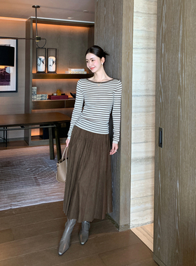 Maven Lin 优雅序曲 麂皮绒百褶半身裙女显瘦宽松A字伞裙大摆长裙