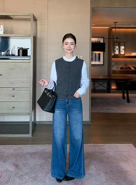 Maven Lin 城市漫步 复古水洗高腰直筒牛仔裤女宽松阔腿拖地长裤