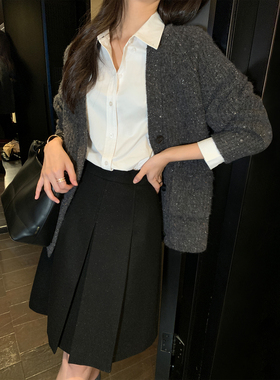 Maven Lin 精致毛呢质感灰色压褶半身裙女五分西装裙百褶显瘦短裙