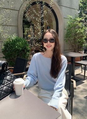 Maven Lin高阶质感 100%羊毛斜肩长袖针织衫女气质一字船领上衣